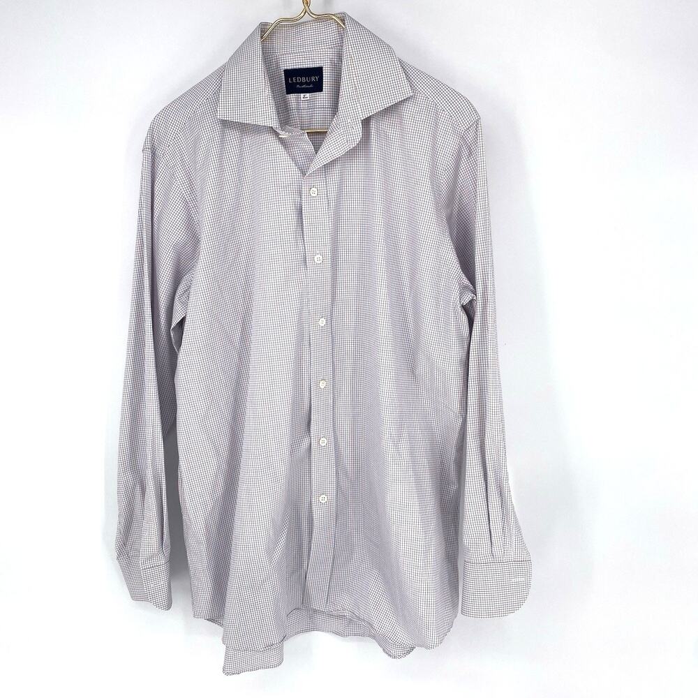 Ledbury Non Iron Dress Shirt 17 XL Red Blue Micro Plaid Spread Collar